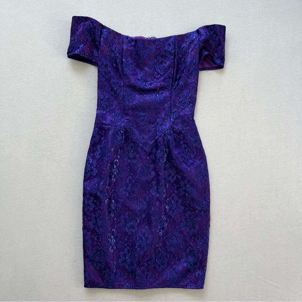 Jessica McClintock Gunne Sax Purple Lace off the shoulder body con dress
